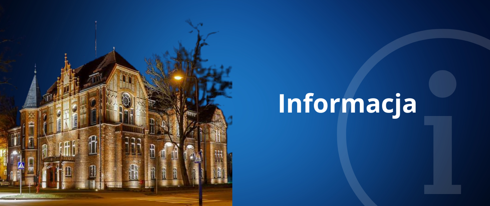 Grafika w kolorze niebiesko-granatowym, od lewej zdjęcie podświetlonego budynku szkoły muzycznej, po prawej stronie na zarys grafiki z literą i oraz napis Informacja.