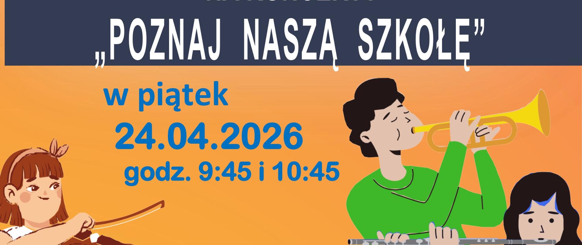 kolorowe napisy na pastelowym tle. U dołu grafika przedstawiająca dzieci grające na instrumentach.