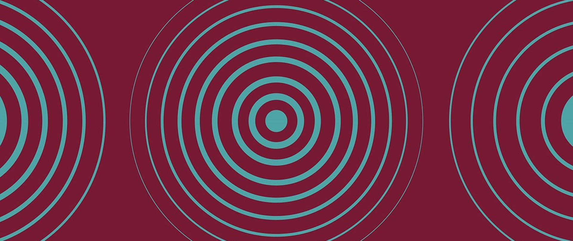 Grafika przedstawiająca zielone okręgi na bordowym tle, rozpoczynające się od kropki w środku, a kolejne okręgi otaczające mniejsze są również cieńszą linią.