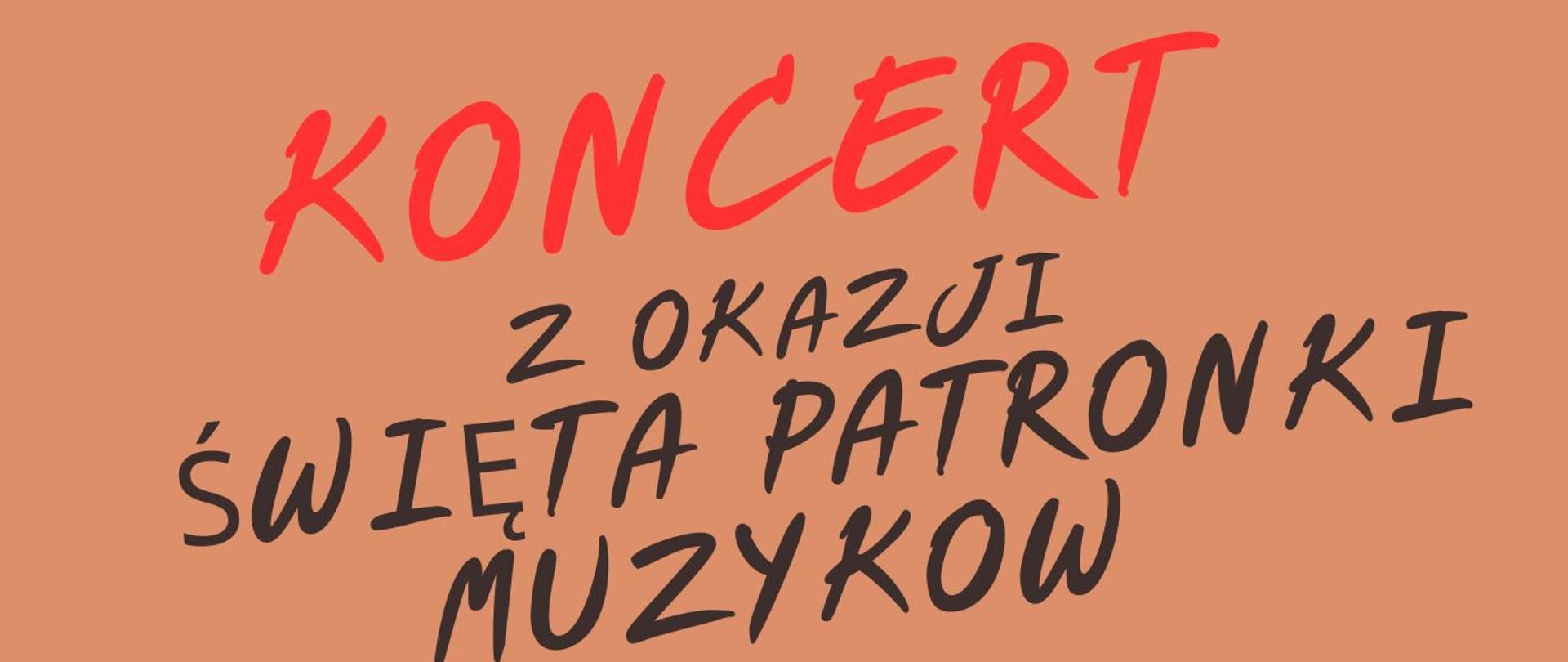 Na tle brzoskwiniowym znajdują się kolorowe grafiki z motywami kwiatów i nut. Na dole plakatu znajduje się zdjęcie grupy dzieci grających na instrumentach: skrzypcach, flecie poprzecznym i wiolonczeli.