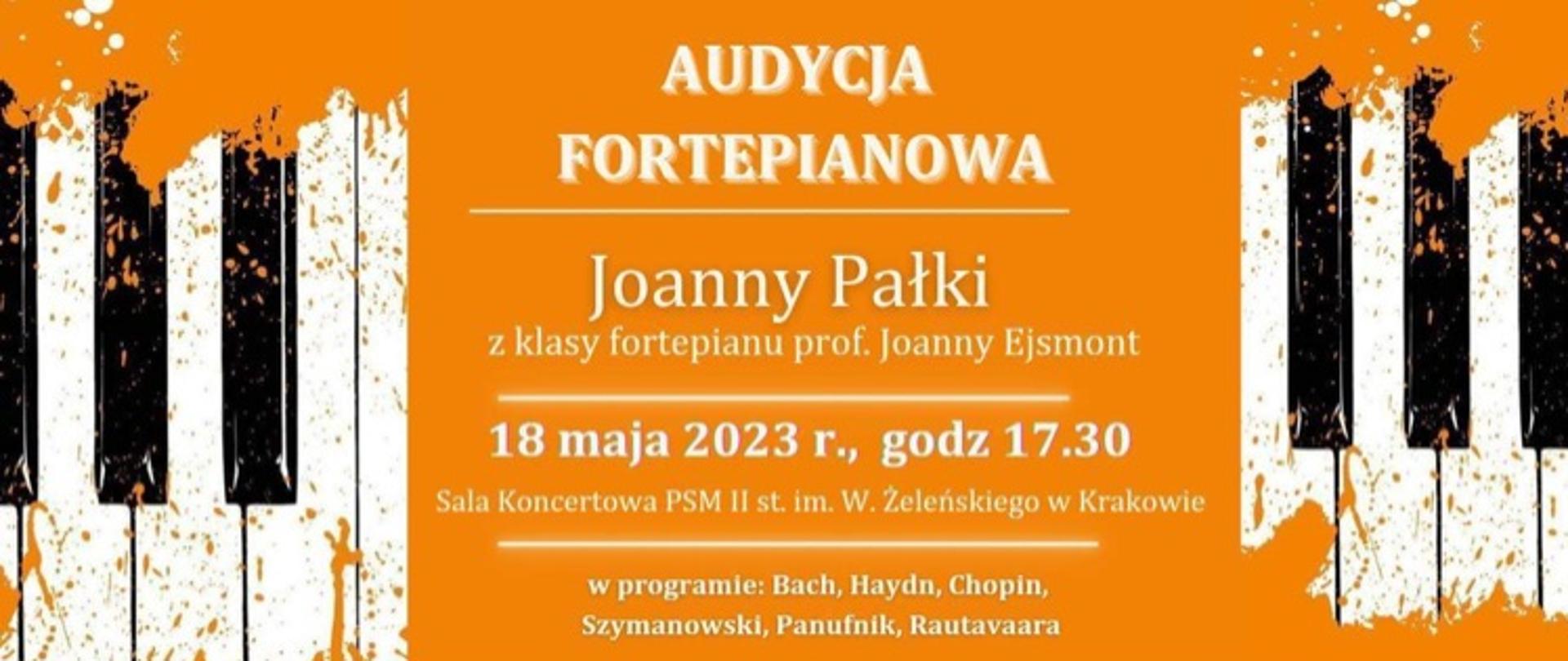 na żółtym tle grafika klawiatury fortepianu i napis audycja fortepianowa Joanny Pałki 