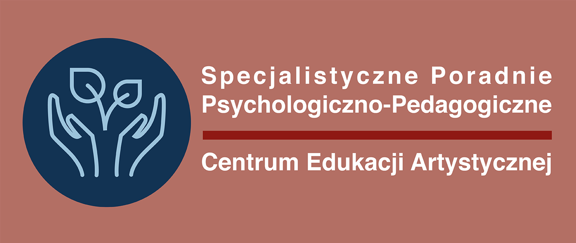 Tło w kolorze zgaszona czerwień z napisem "Specjalistyczne Poradnie Psychologiczno-Pedagogiczne" przedzielonym bordową kreską i tekstem po kreską "Centrum Edukacji Artystycznej"