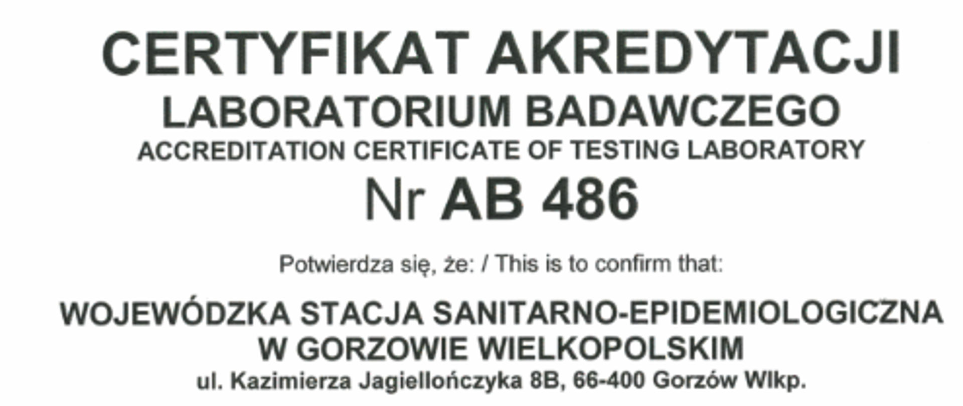 informacja na temat przyznania akredytacji Laboratorium WSSE w Gorzowie Wlkp.