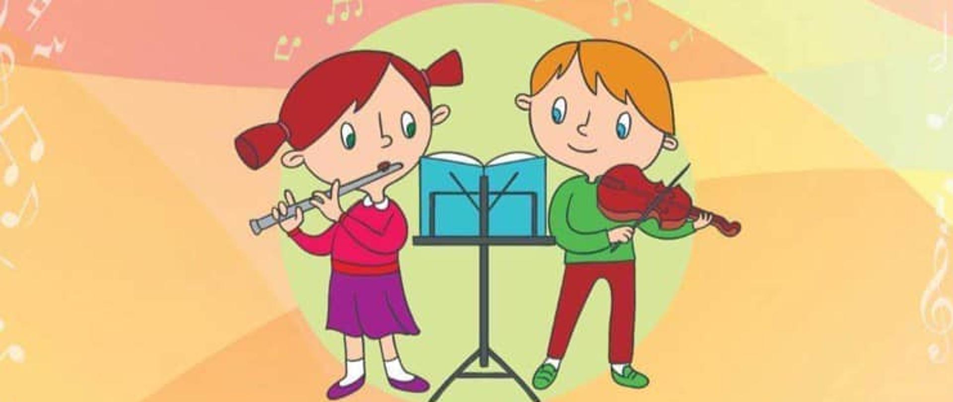 Plakat informujący o koncercie "Kto tak pięknie gra?" w wykonaniu uczniów PSM I i II stopnia oraz OSM I stopnia w Stargardzie. Na plakacie w centralnym punkcie umieszczone są rysunki dzieci grające na flecie i skrzypcach. Plakat posiada kolorowe, rysunkowe tło.