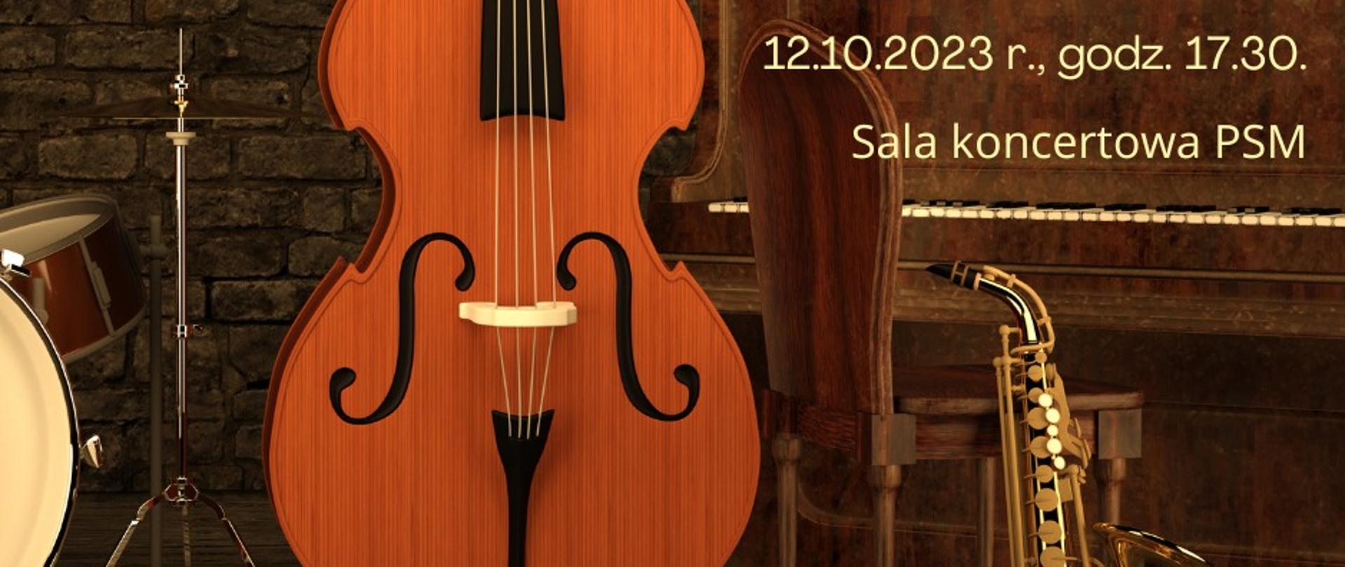 Zaproszenie na koncert pt. "Od przedszkola do filharmonii" w wykonaniu uczniów i ich rodziców 12.10.2023 o godz 17:30. Grafika przedstawia instrumenty: zestaw perkusyjny, kontrabas, pianino, saksofon.