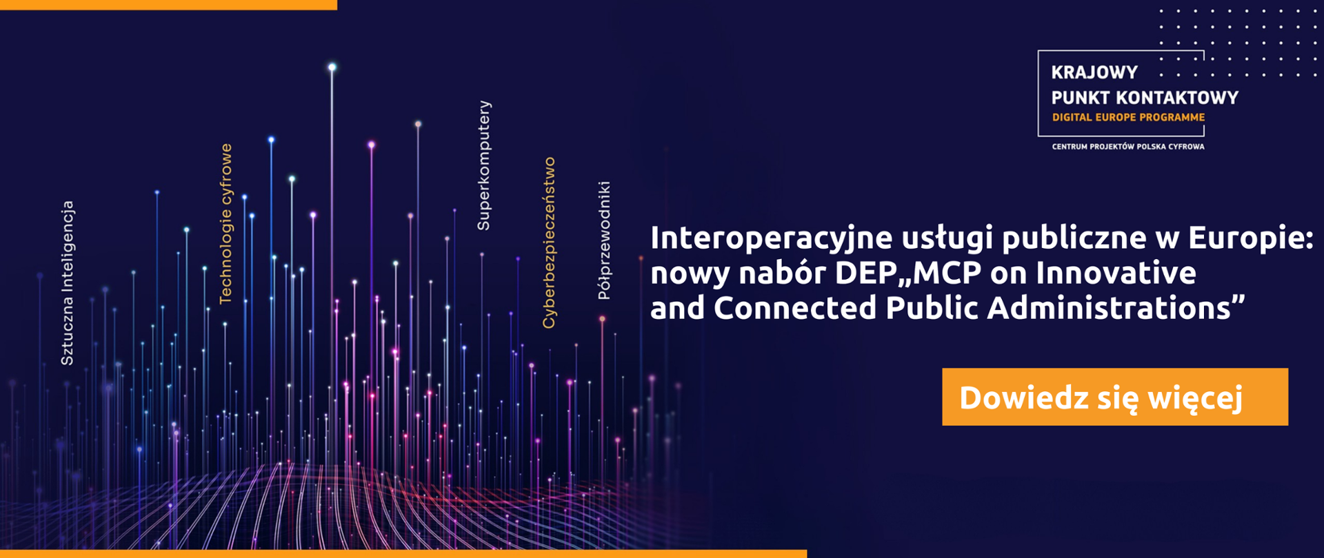 Na głównym planie po prawej stronie widnieje biały napis „Interoperacyjne usługi publiczne w Europie: nowy nabór DEP MCP on Innovative and Connected Public Administrations”. W lewej części znajduje się abstrakcyjna grafika przedstawiająca różnokolorowe promienie przebijające pofalowaną płaszczyznę. Nad promieniami umieszczono pionowo napisy: Sztuczna Inteligencja, Technologie cyfrowe, Superkomputery, Cyberbezpieczeństwo oraz Półprzewodniki.
