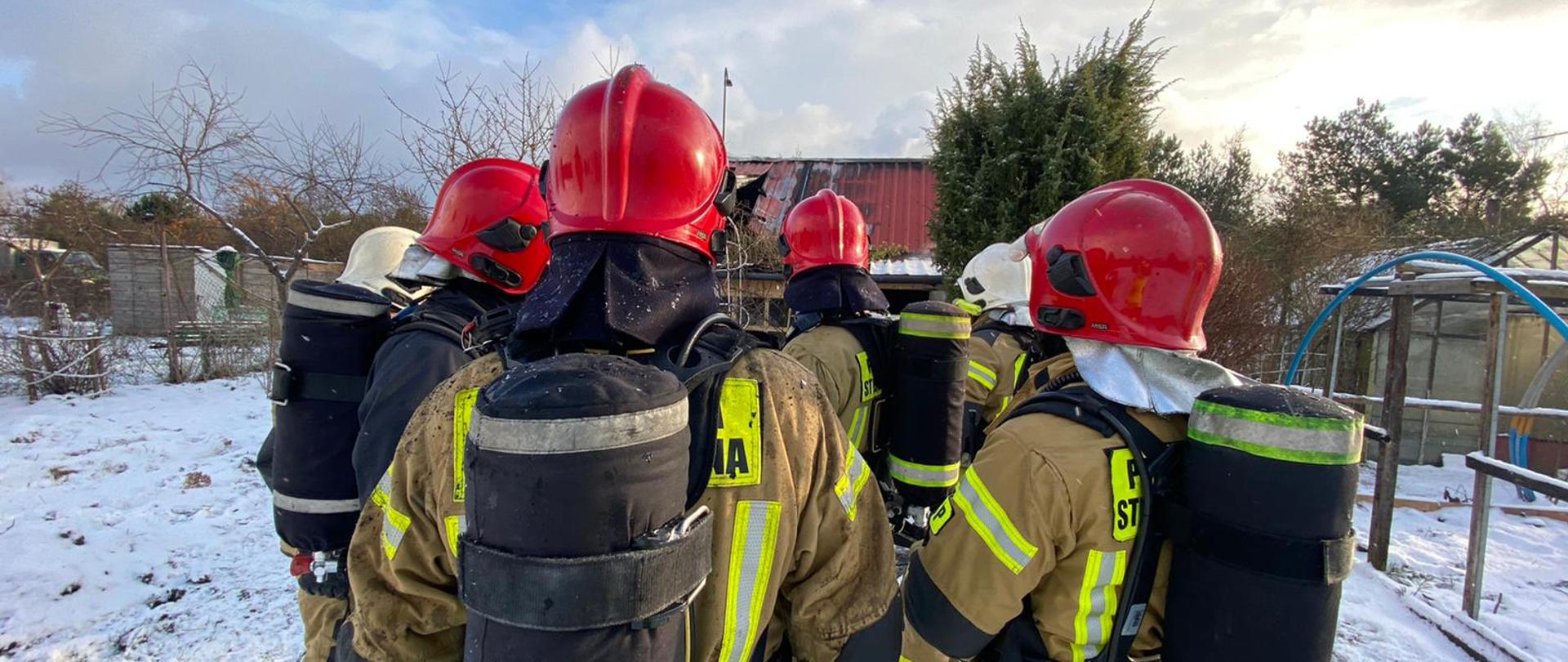 Sześciu strażaków ze sprzętem ochrony dróg oddechowych, odwróceni plecami, podczas działań. W tle zabudowania gospodarcze, zimowa sceneria
