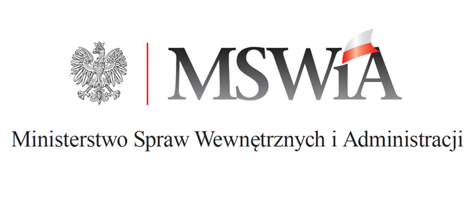 Logo czarne z napisem "Ministerstwo Spraw Wewnętrznych i Administracji" i orłem w koronie obok oraz flagą państwową RP