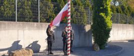 Na zdjęciu widzimy trzech strażaków w galowych mundurach, uczestniczących w uroczystym podnoszeniu flagi państwowej na maszt. Flaga Polski – biało-czerwona – znajduje się w połowie wysokości masztu, który ozdobiony jest biało-czerwonymi pasami spiralnymi. Ceremonia odbywa się na utwardzonym placu przy betonowym murze, z zielenią i drzewami w tle.
Strażacy stoją w postawie służbowej, co podkreśla powagę chwili. Całość odbywa się w słoneczny poranek, co tworzy podniosłą, uroczystą atmosferę, odpowiednią dla obchodów Święta Flagi Rzeczypospolitej Polskiej.