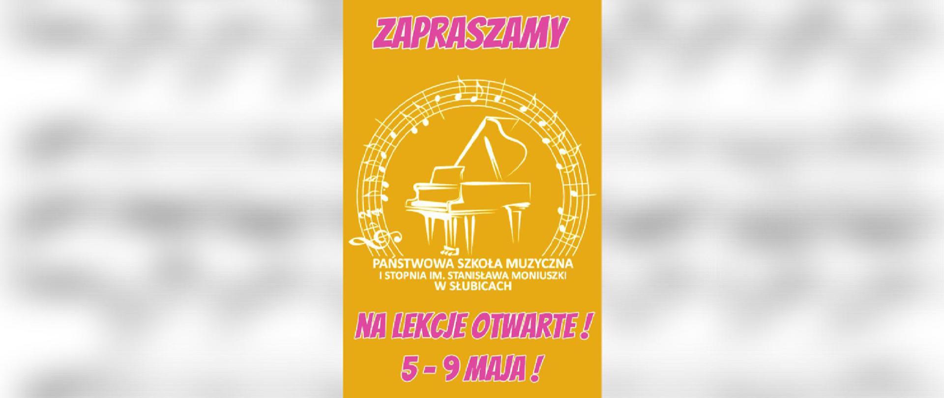 Baner, na środku logo szkoły, u góry i na dole napis o treści zapraszamy na lekcje otwarte 5-9 maja !