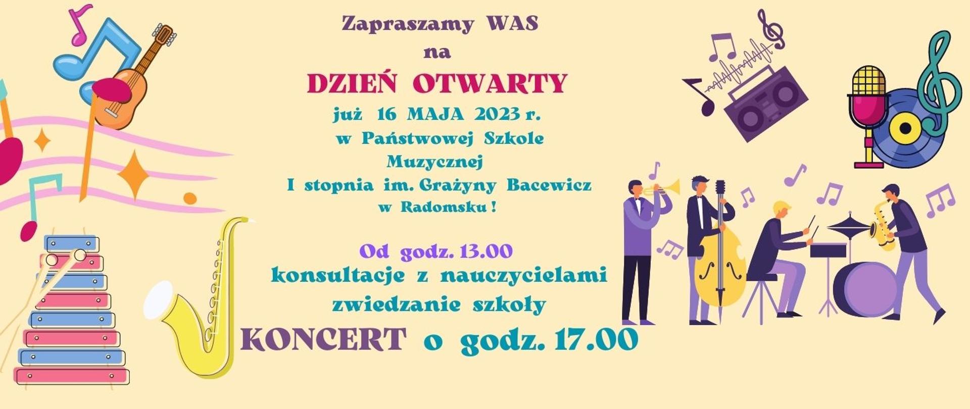 Na plakacie informacyjnym znajdują się napisy w kolorze niebieskim i fioletowym oraz grafiki instrumentów ( dzwonki, saksofon, perkusja, kontrabas, gitara), pięciolinii, nut, postaci czterech muzyków oraz magnetofonu, mikrofonu i słuchawek w kolorach żółtym, niebieskim, pomarańczowym, fioletowym, granatowym, różowym. Tło w kolorze jasnoróżowym.