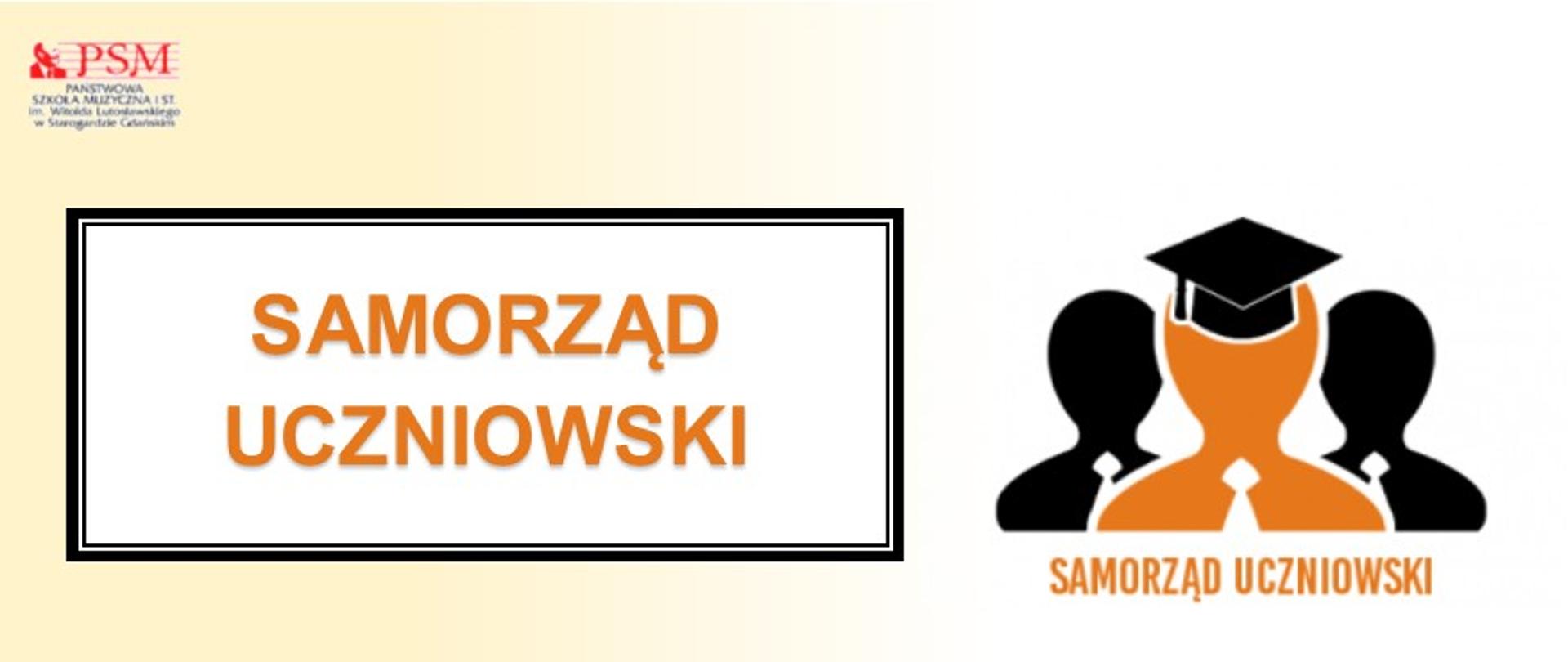 Baner tekstowo-graficzny w odcieniach koloru żółto-pomarańczowo-czarno. W lewym górnym rogu szkolne logo. Po lewej stronie znajduje się w ramce tekst Samorząd uczniowski. Po prawej stronie grafika pomarańczowo - czarna przedstawia postury grupy ludzi, pod grafiką jest widoczny napis w kolorze pomarańczowym "Samorząd Uczniowski"