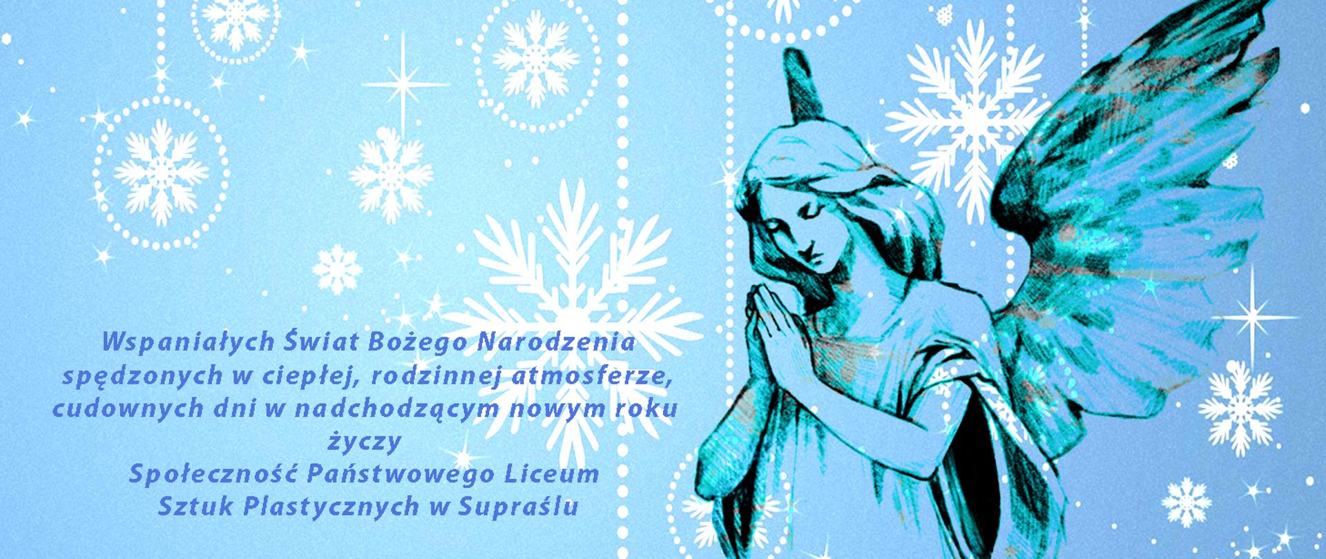 Baner przedstawiający anioła na niebieskim tle z białymi płatkami śniegu, treść w artykule