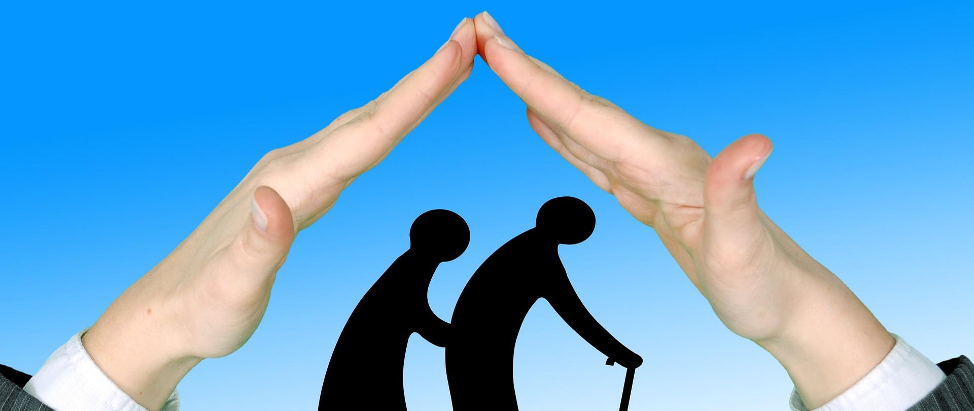 Na zdjęciu widać ręce utworzone na kształt daszku. Pod daszkiem grafika dwóch osób starszych - zarys kobiety i mężczyzny, poruszających się o lasce. W tle błękit. 