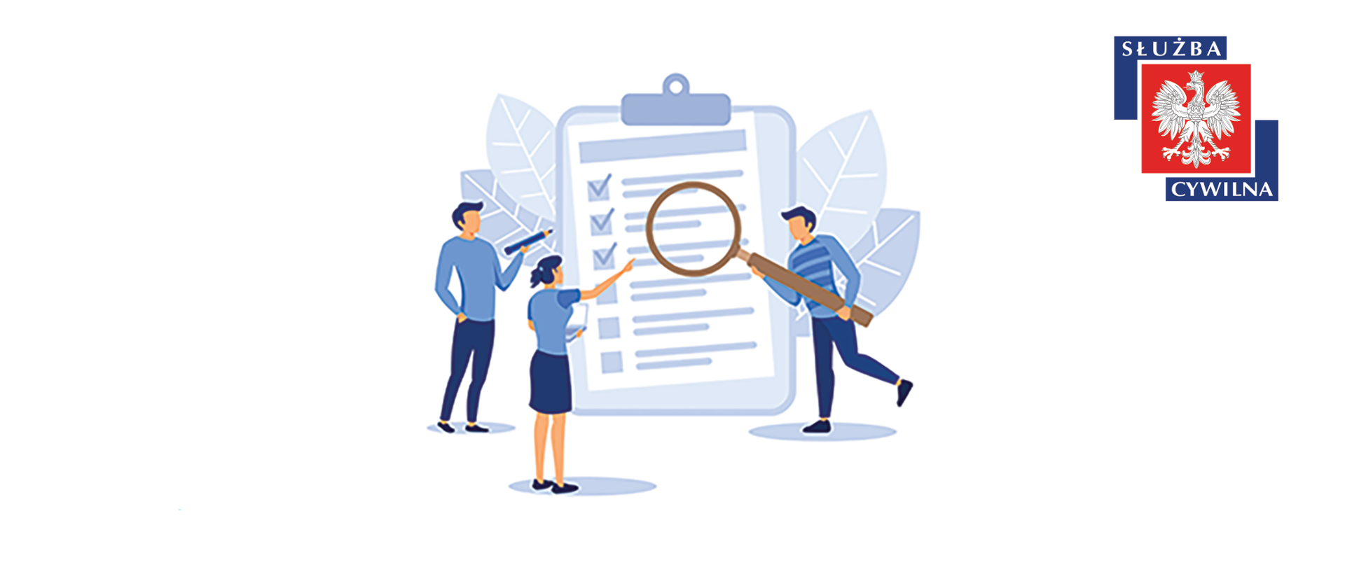 Graficzny element ozdobny - rysunkowe postacie ludzi stojące przed wielką tablicą do badań ankietowych