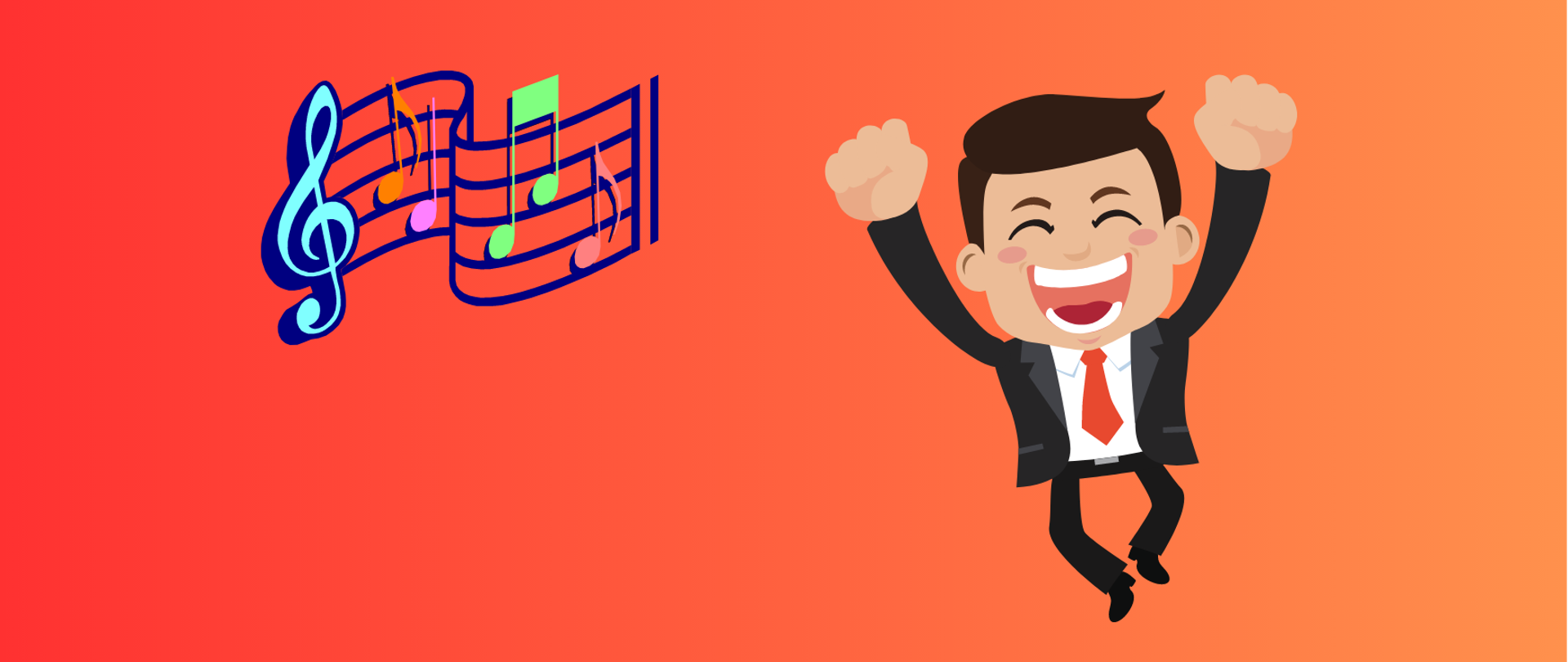 Grafika przedstawiająca cieszącego się ucznia oraz kolorowe nuty na pięciolinii, umieszczone na tle w tonacji czerwieni.