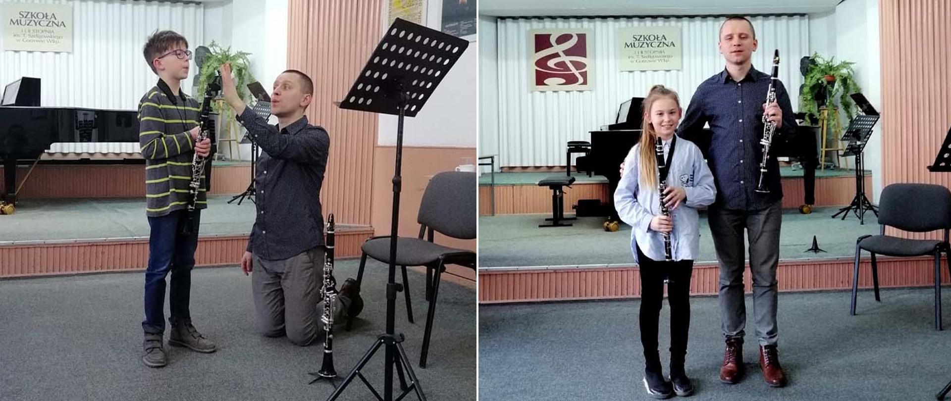 Collage dwóch zdjęć, z lewej nauczyciel klęczy z boku ucznia trzymającego w ręku klarnet, z prawej ten sam nauczyciel stoi obok uczennicy, oboje trzymają w rękach klarnety.