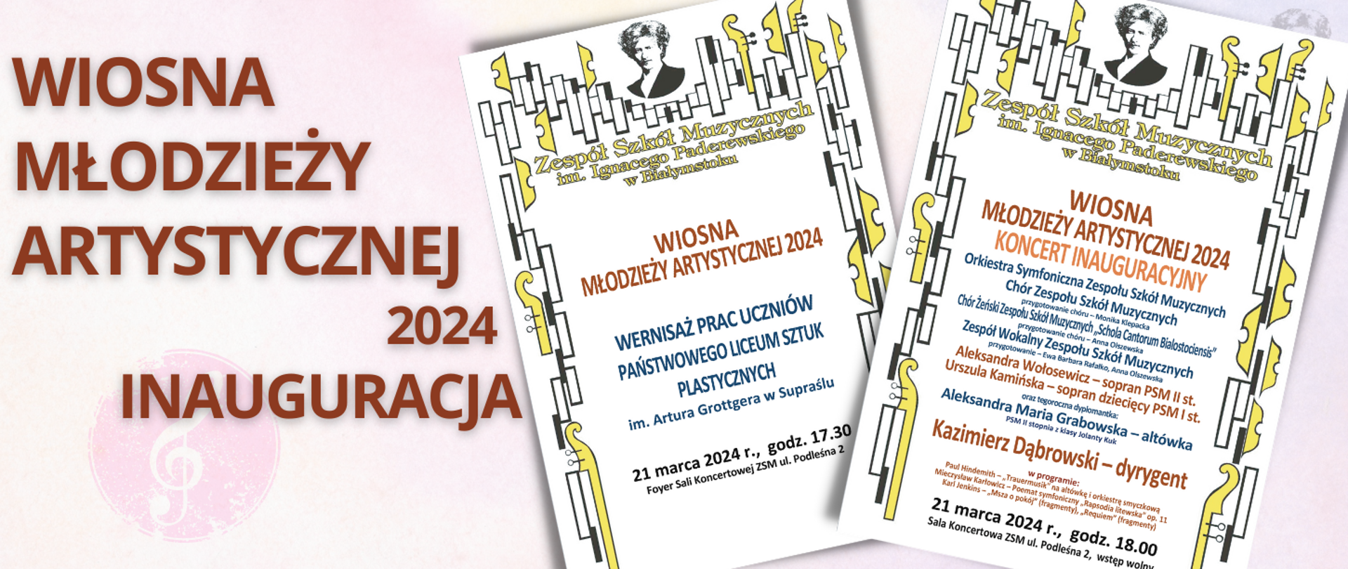 Na jasno-różowym tle brązowy napis "Wiosna Młodzieży Artystycznej 2024, Inauguracja". Po prawej stronie miniatury plakatów.
