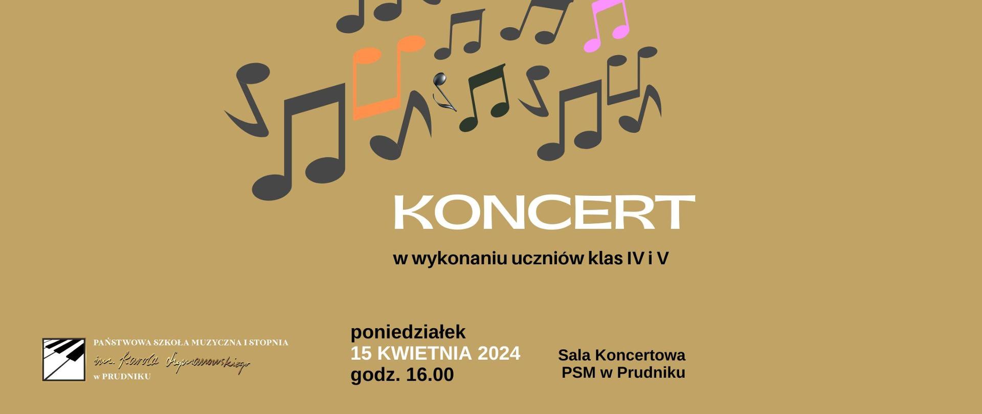 Baner z informacją o koncercie. W górnej części ikonografia przedstawiająca kolorowe nutki. W lewym dolnym rogu logo szkoły.
