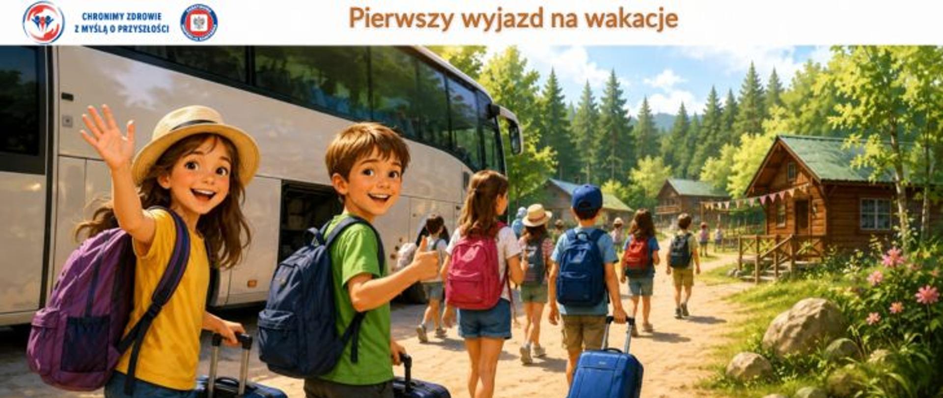 Grafika z napisem „Pierwszy wyjazd na wakacje” przedstawia grupę uśmiechniętych dzieci z plecakami i walizkami wysiadające z autokaru i idące w stronę drewnianych domków wypoczynkowych w lesie. Dzieci ubrane w kolorowe letnie stroje. W lewym górnym rogu logo Państwowej Inspekcji Sanitarnej wraz z hasłem: Chronimy zdrowie z myślą o przyszłości. 