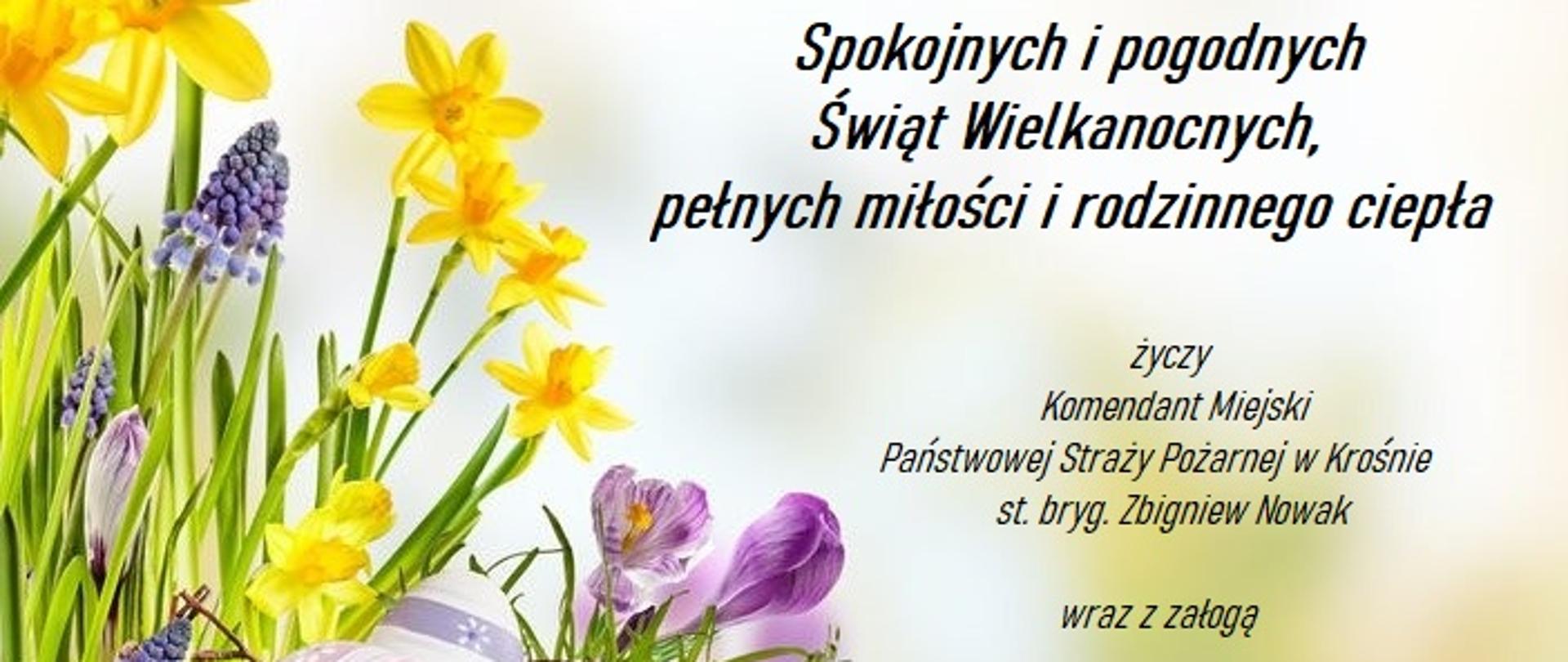 Zdjęcie przedstawia pisanki i wiosenne kwiaty oraz tekst: "Spokojnych i pogodnych Świąt Wielkanocnych, pełnych miłości i rodzinnego ciepła życzy Komendant Miejski PSP w Krośnie st. bryg. Zbigniew Nowak wraz z załogą"