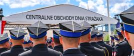 Widziana od tyłu grupa ubranych w wyjściowe mundury strażaków na tle białego namiotu, na którym widnienie napis „Centralne obchody dnia strażaka”