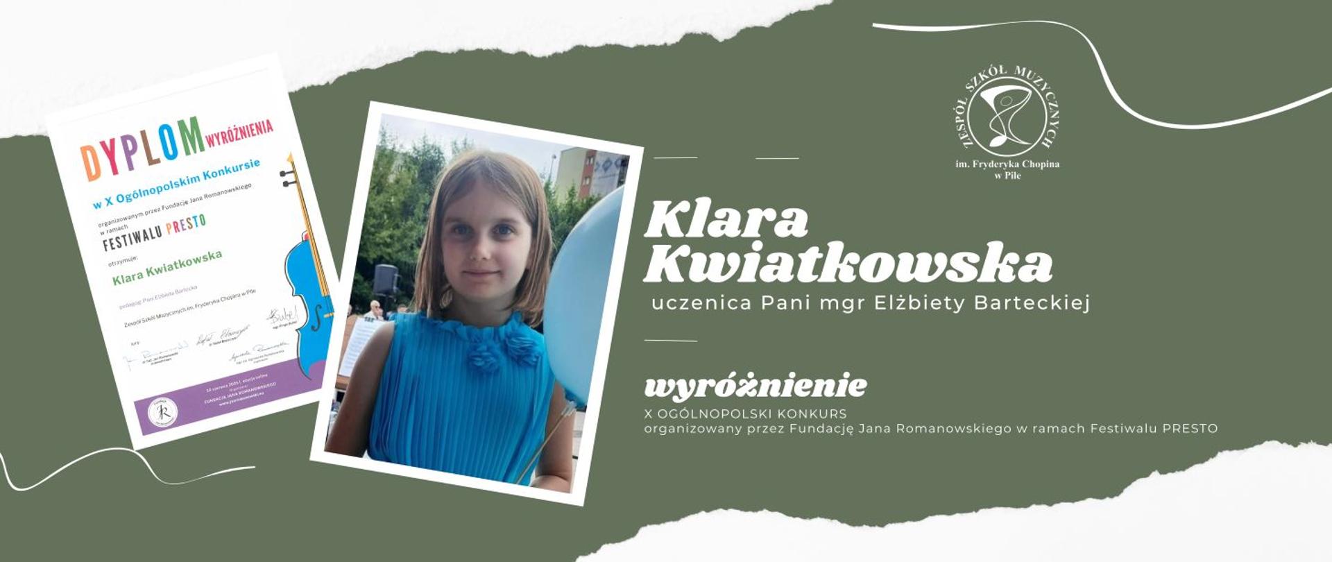Na zielonym tle dwa zdjęcia na pierwszym kolorowy dyplom, na drugim dziewczynka w niebieskiej bluzeczce w rozpuszczonych włosach – uśmiecha się.