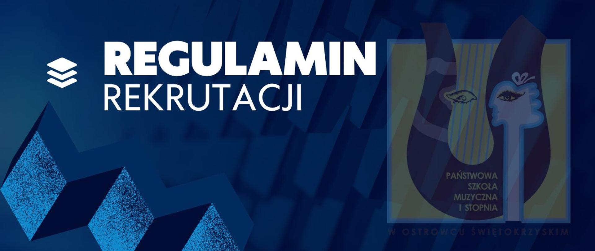 białe napisy na niebieskim tle z logo szkoły muzycznej w kolorze żółto-brązowym