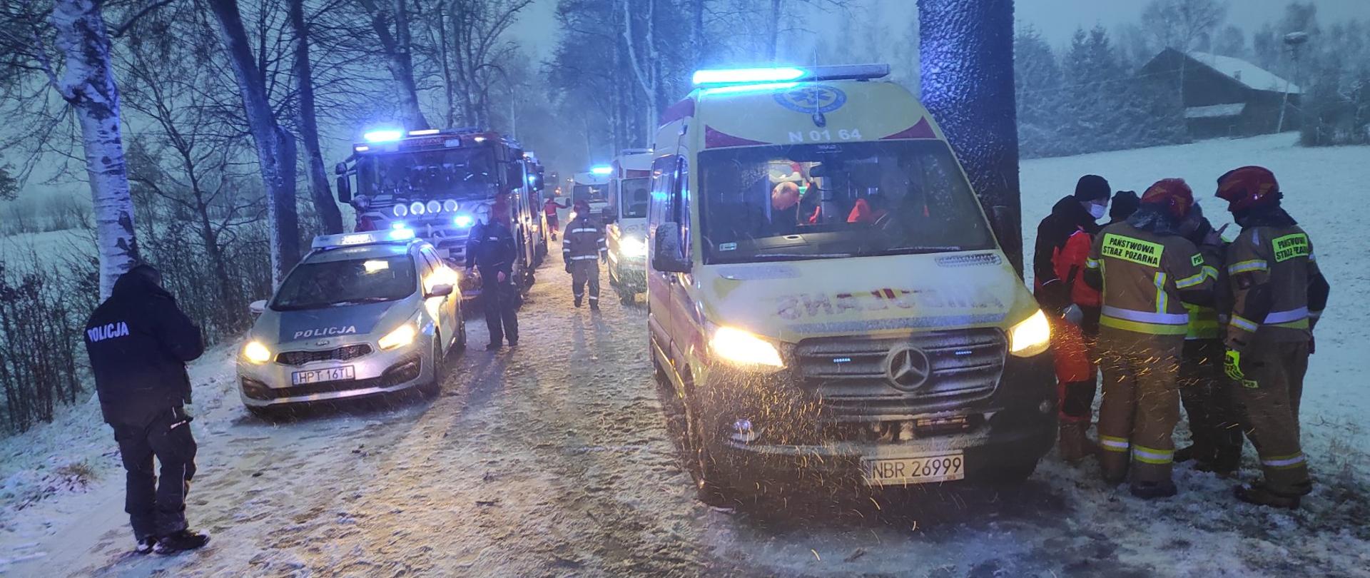 Pogoda zimowa, biała droga i okolice. Na jezdni ustawiane pojazdy ratownicze, Karetka, policja i Straż pożarna. Na drodze stoją ratownicy.