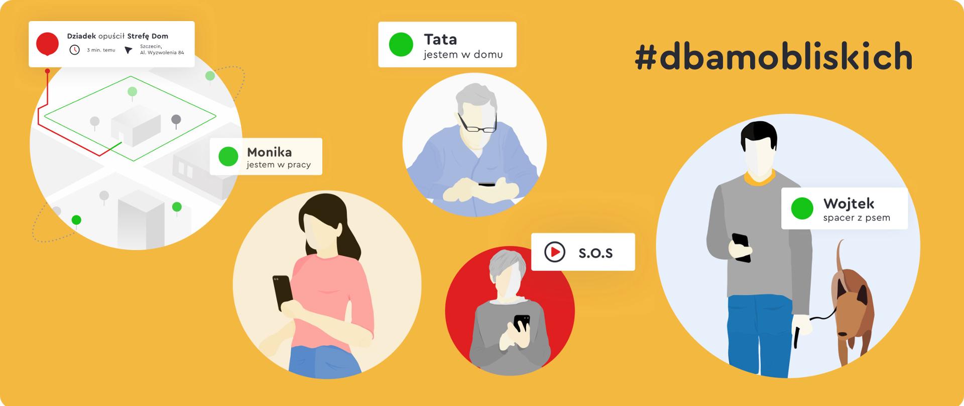 Grafika. Członkowie rodziny trzymający w dłoniach smartfony. Na każdym urządzeniu wyświetla się status użytkownika. Obok grafiki napis: #dbamobliskich