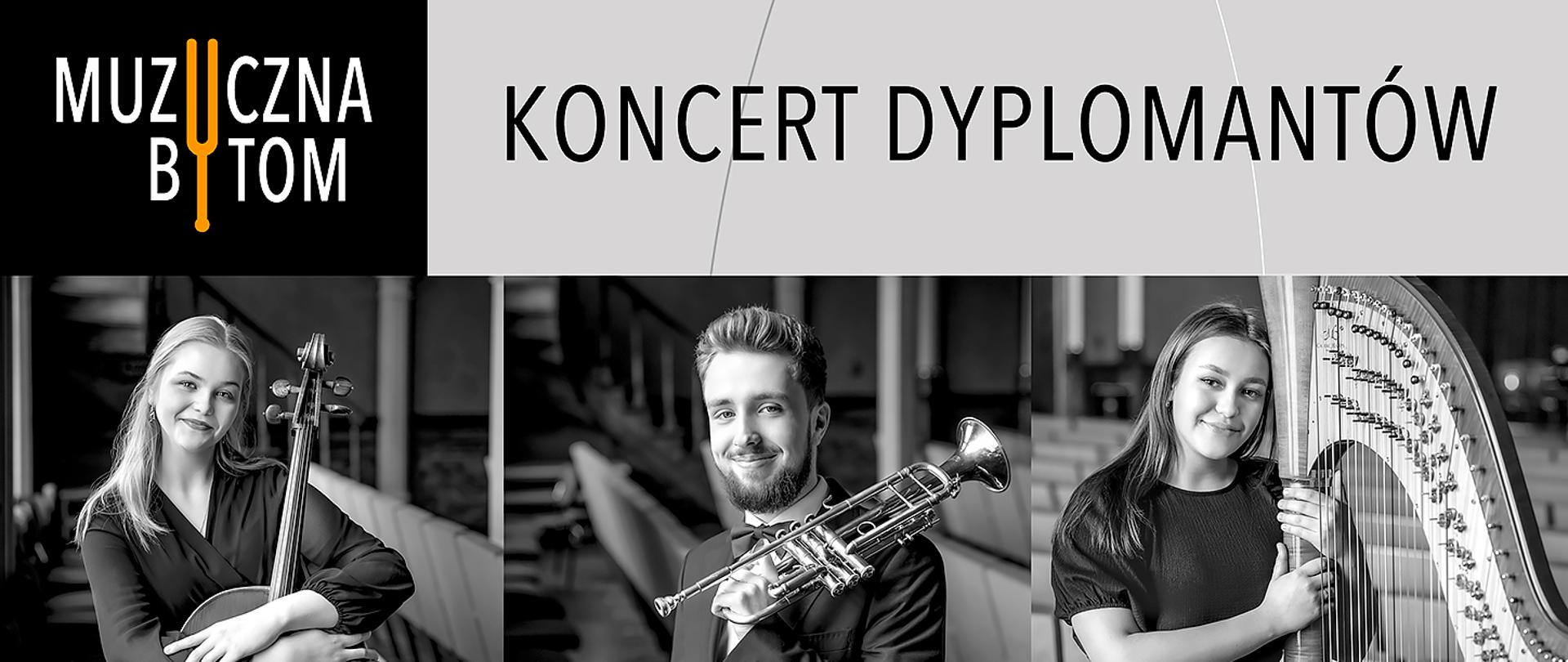 Plakat - po lewej stronie na czarnym pionowym pasku, logotyp szkoły oraz dane teleadresowe, logotyp szkoły muzycznej w sosnowcu; po prawej stronie na szarym pasie dane dot. koncertu, programu, występujących. W poziomie, w górnej części plakatu zdjęcia dyplomantów.