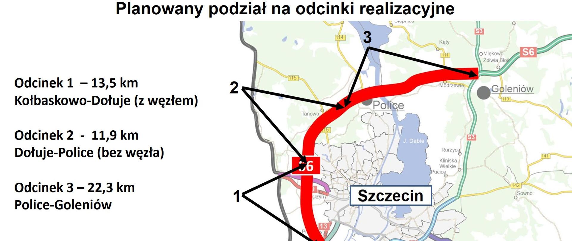 Przebieg Zachodniej Obwodnicy Szczecina w ciągu drogi S6 z podziałem na przyszłe odcinki realizacyjne