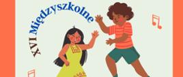 grafika kolorowa. plakat XVI Międzyszkolnych warsztatów rytmiki. Dwoje tańczących dzieci w kolorowych strojach. Pomarańczowe nutki. Całość na białym tle z pomarańczową ramką.