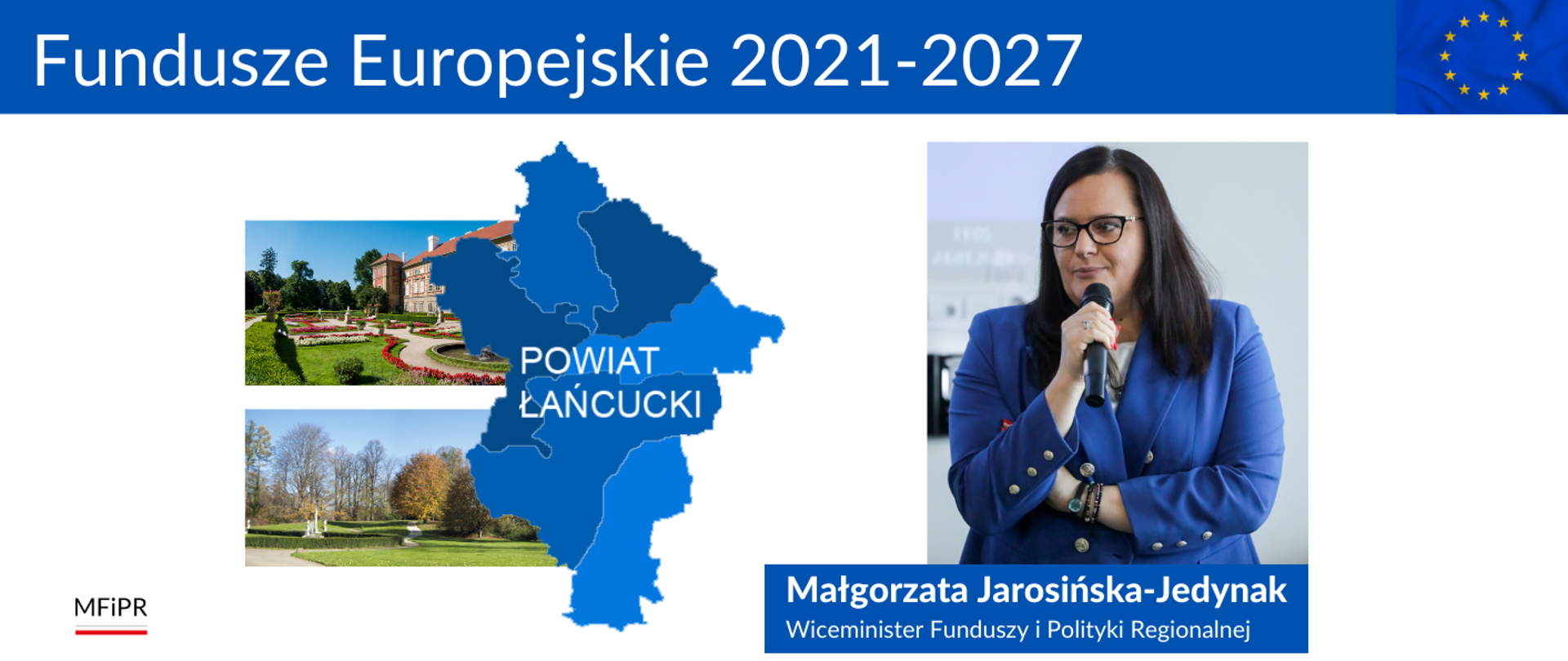 Na grafice zdjęcie wiceminister Małgorzaty Jarosińskiej-Jedynak oraz kolaż zdjęć z Łańcuta i mapa powiatu.