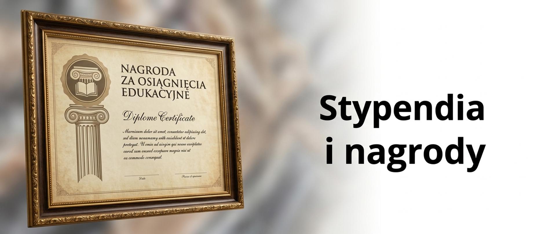 Stypendia i nagrody napis czarną czcionka na białym tle, po lewej stronie stylizowany dyplom