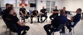 Na zdjęciu funkcjonariusze straży pożarnej oraz policji siedzący w okręgu 