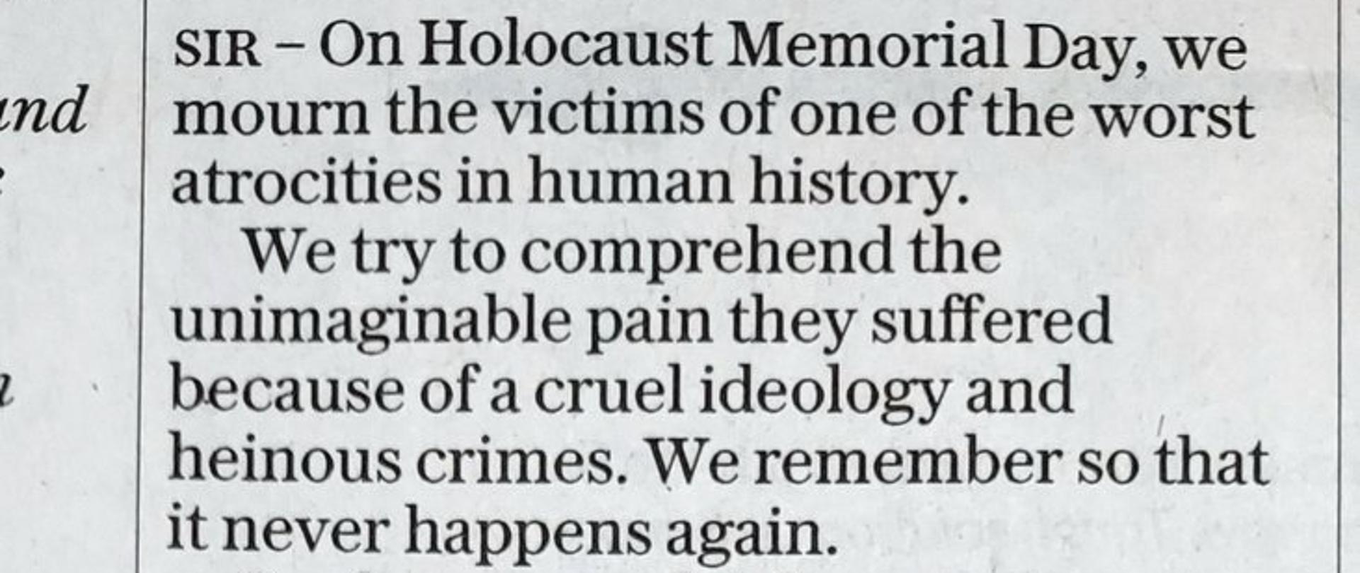Ambassador Piotr Wilczek in The Daily Telegraph on Holocaust Memorial Day