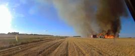 Ujęcie z pojazdu pożarniczego podczas dojazdu do pożaru zboża. Kombajn i ciągnik na polu.