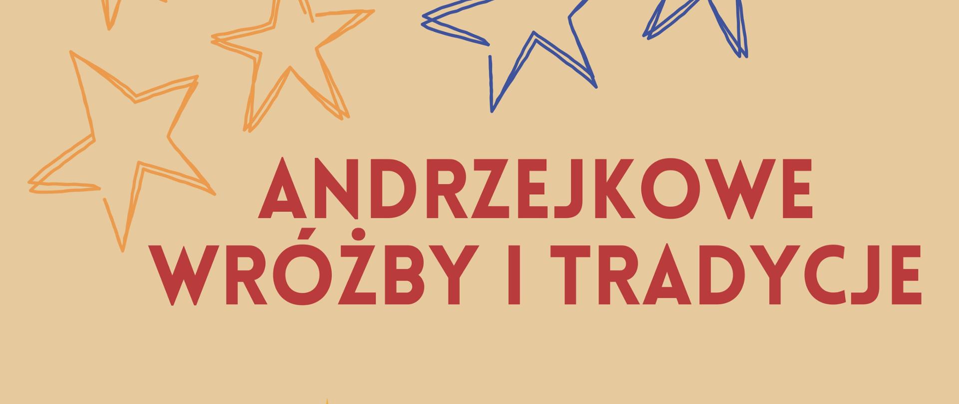 Na kremowym tle u góry gwiazdki w kolorze niebieskim i pomarańczowym, w środku napis, pod spodem trzy świece, żółty klucz i ozdobny kubek w kolorowe motywy