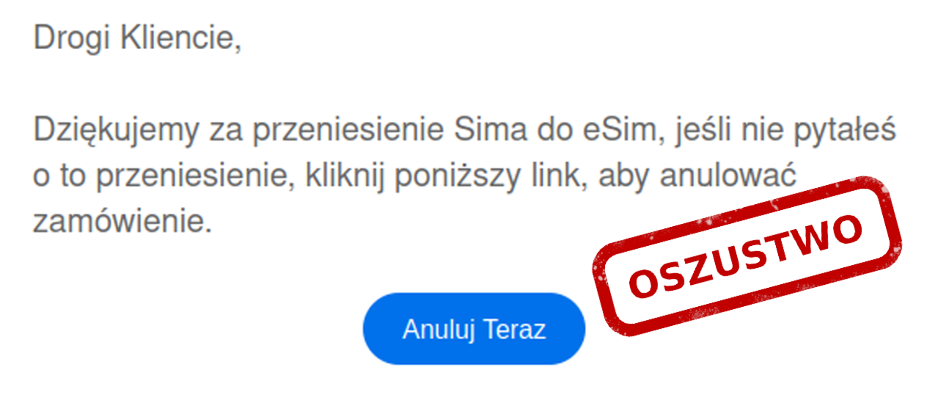 Zdjęcie fałszywej wiadomości sms o treści: Dziękujemy za przeniesienie Sima do eSim, jeśli nie pytałeś o to przeniesienie kliknij poniższy link aby anulować zamówienie