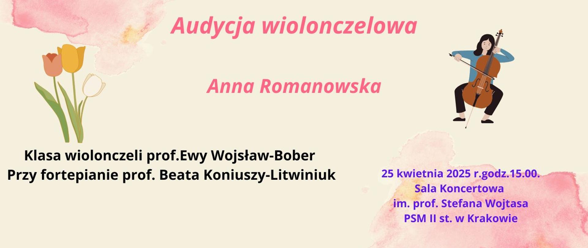 jasne tło z akwarelowymi różowymi kleksami, po lewej stronie obrazek tulipanu po prawej obrazek przedstawiający wiolonczelistkę, po lewej stronie czarne napisy po prawej fioletowe