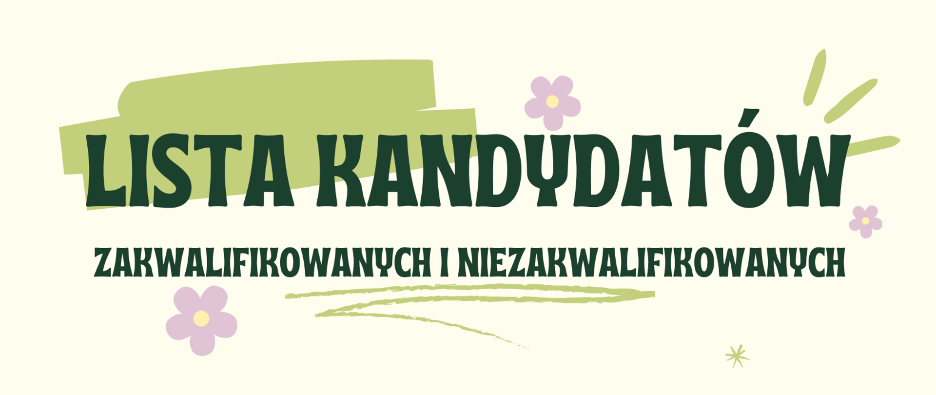 Napis "Lista kandydatów zakwalifikowanych i niezakwalifikowanych" na jasnym tle z zielonymi elementami dekoracyjnymi i różowymi kwiatuszkami.