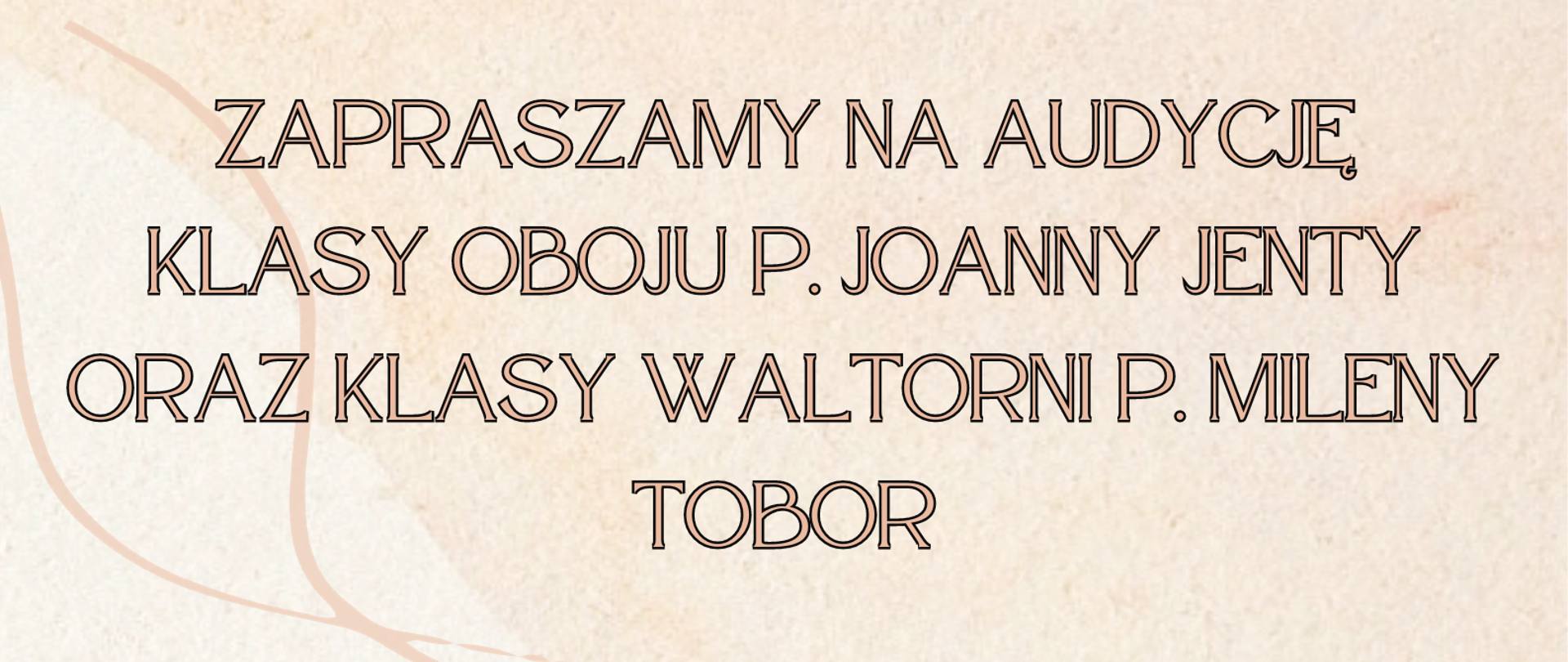 Plakat na jasnoróżowym tle z czarnymi napisami i czarnymi grafikami instrumentów i nut.