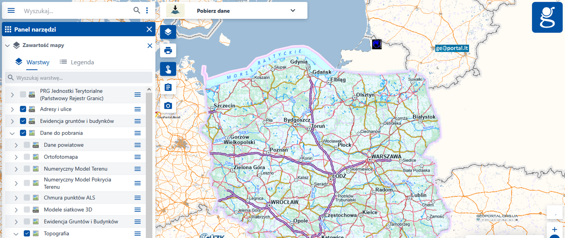 Ilustracja przedstawia zrzut ekranu modułu Pobierze dane serwisu geoportal.gov.pl