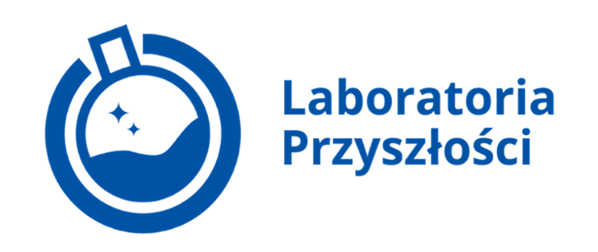 Logotyp programu Laboratoria Przyszłości w kolorze niebieskim , kształtem przypomina kolbę chemiczną 