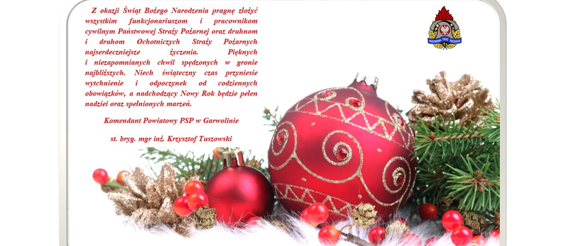 Z okazji Świąt Bożego Narodzenia pragnę złożyć wszystkim funkcjonariuszom i pracownikom cywilnym Państwowej Straży Pożarnej oraz druhnom i druhom Ochotniczych Straży Pożarnych najserdeczniejsze życzenia. Pięknych i niezapomnianych chwil spędzonych w gronie najbliższych. Niech świąteczny czas przyniesie wytchnienie i odpoczynek od codziennych obowiązków, a nadchodzący Nowy Rok będzie pełen nadziei oraz spełnionych marzeń.
Komendant Powiatowy PSP w Garwolinie
st. bryg. mgr inż. Krzysztof Tuszowski
