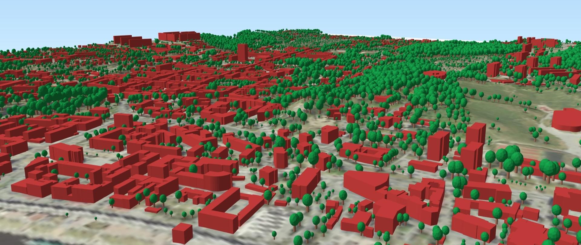 zrzut ekranu przedstawiający wygenerowane modele 3D drzew wraz z modelami 3D budynków.