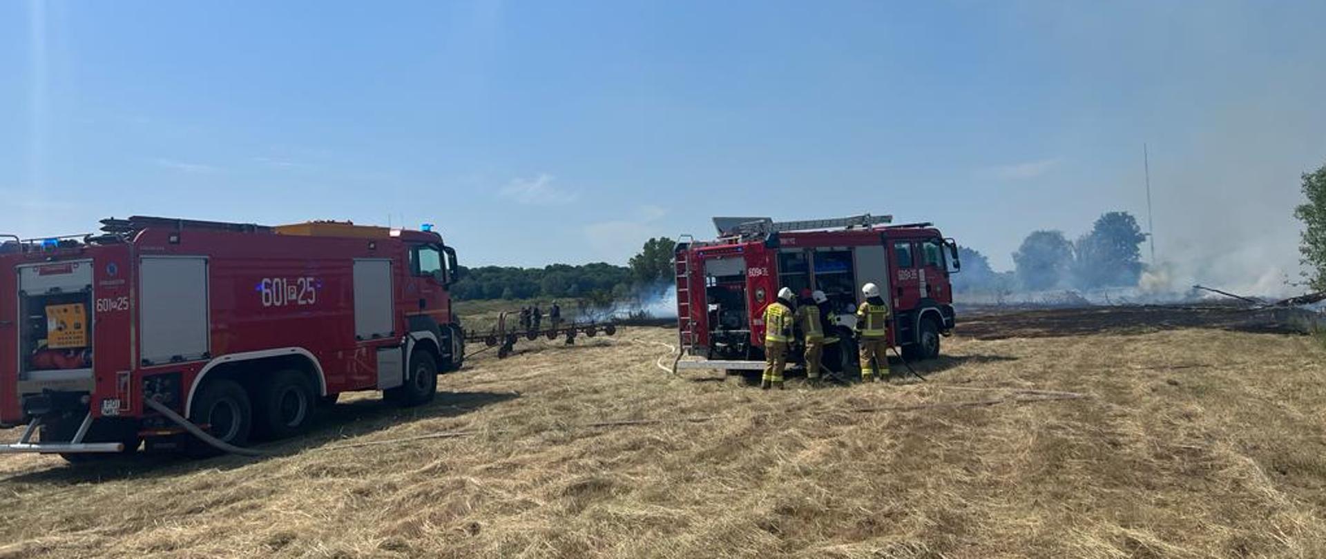 Na zdjęciu dwa samochody strażacki podczas działań gaśniczych, w tyle pogorzelisko spalonej trawy