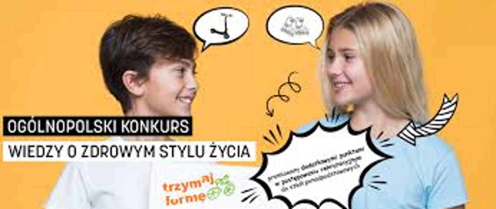 Dwójka dzieci: chłopczyk i dziewczynka uśmiechają się do siebie , napis informujący o konkursie Trzymaj Formę!