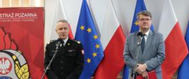Minister MSWia oraz Komendanta Główny PSP podczas Konferencji prasowej dotyczącej inwentaryzacji budynków i obiektów budowlanych przeprowadzonej przez funkcjonariuszy Państwowej Straży Pożarnej 